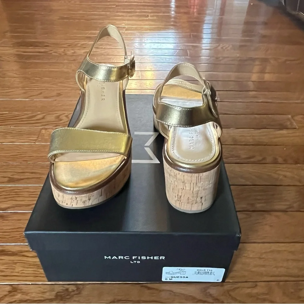Marc Fisher LTD Quessa Platform Sandals Gold 710 & Tan Women’s Size 9